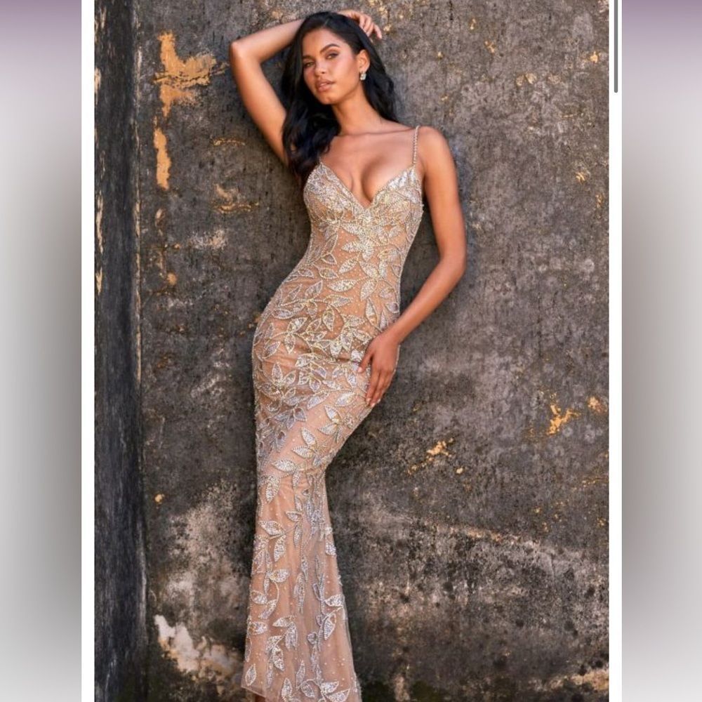 Sherri Hill Gold Sequin & Crystal Nude Evening Gown